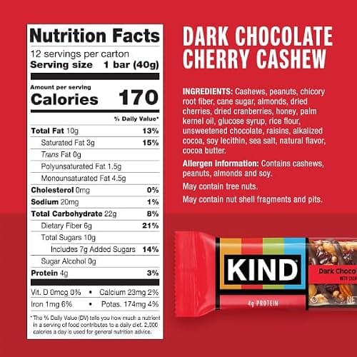 KIND Healthy Snacks Bars, Dark Chocolate Cherry Cashew, Gluten Free, High Fiber Snacks, 4g Protein, 12 Count