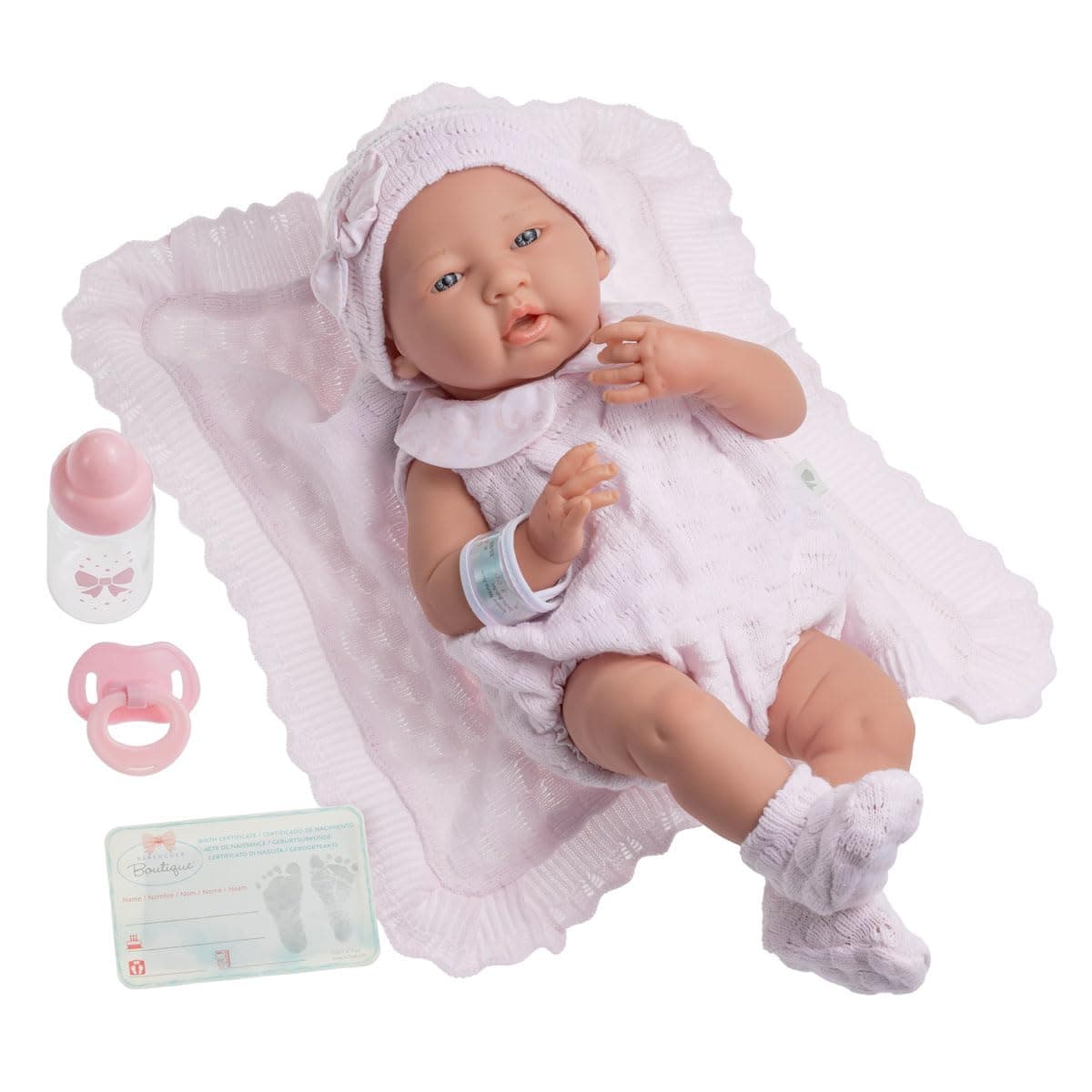 JC Toys- Muñeca La Newborn recién nacida de 38 cm es de vinilo suave, con ropa de punto y accesorios, niña, rosa, diseñado en España por Berenguer, +2 años