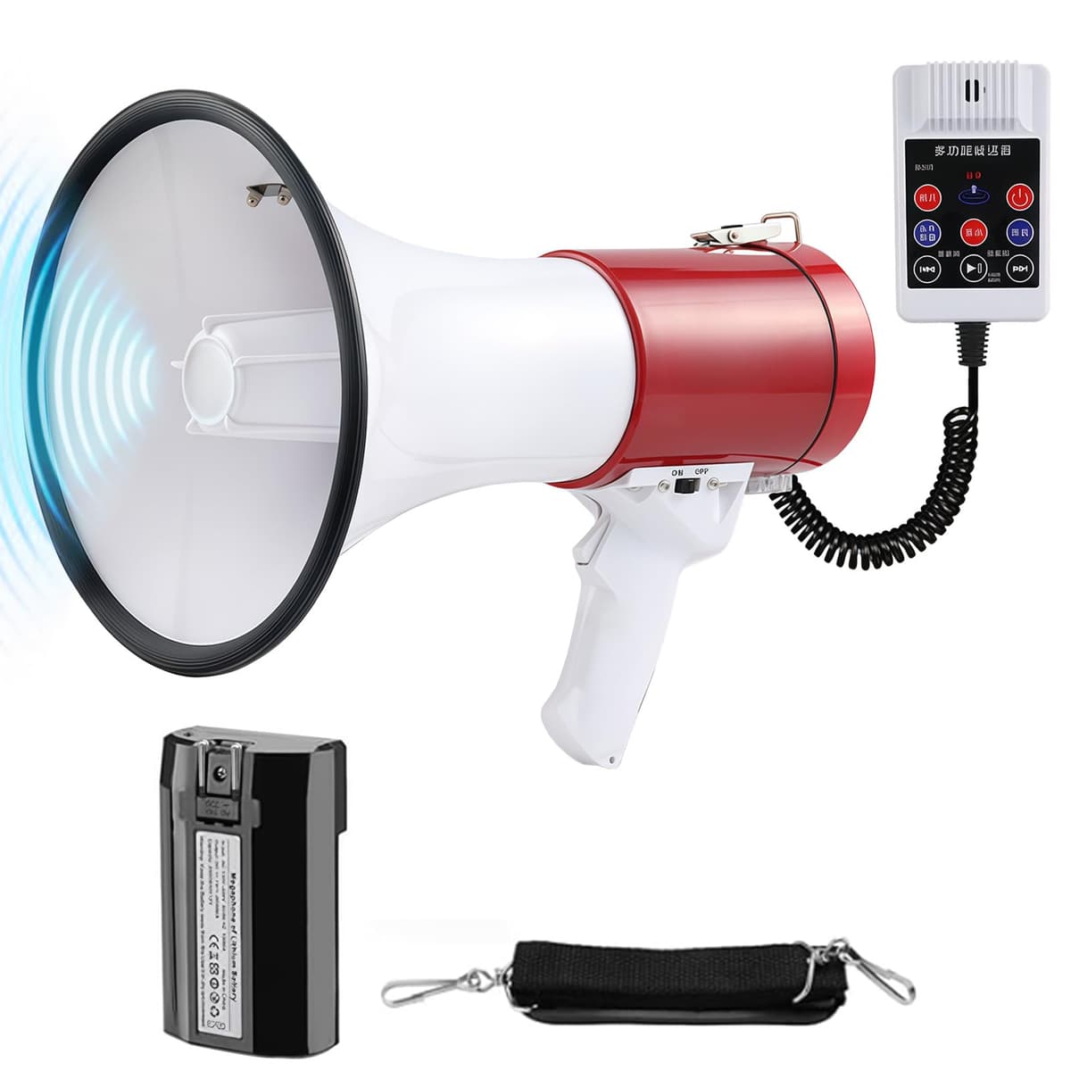 Megáfono Transportable, Megáfono con Sirena y Micrófono, Funciones Grabación y Bluetooth, 2 métodos de alimentación