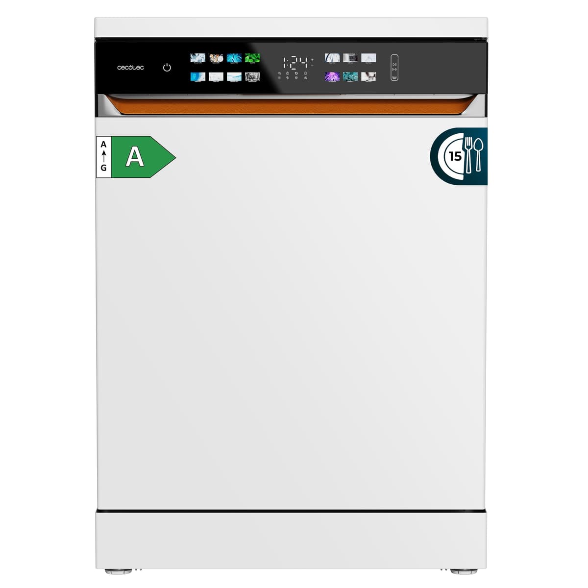 Cecotec Lavavajillas Independiente de 60 cm Bolero Aguazero 6900. 15 Cubiertos, 8 Programas, Clase A, Motor Inverter Plus, Pantalla FullColor XXL, Auto Open y Turbo Dry+, Dual Zone Wash, Blanco