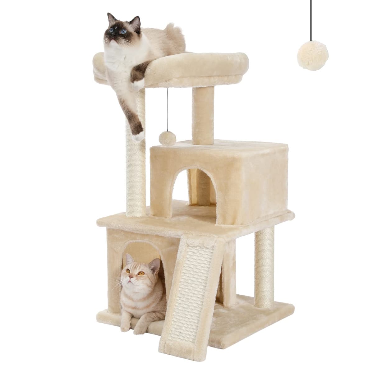 PETEPELA Cat Tree 90cm Cat Tower with Double Condos, Removable Spacious Perch, Fully Wrapped Scratching Posts for Indoor Cats, Replaceable Dangling Balls, 35 Inches Beige