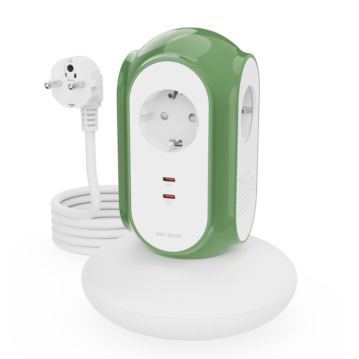 MiaoLab Regleta Eléctrica en Torre con 3 Tomas AC y 2 USB-C (Carga Rápida 30W), 3680W/16A, Protección contra Sobretensiones 1420J, Cable de Extensión 2 m, Protección contra Sobreca (Verde Normandia)