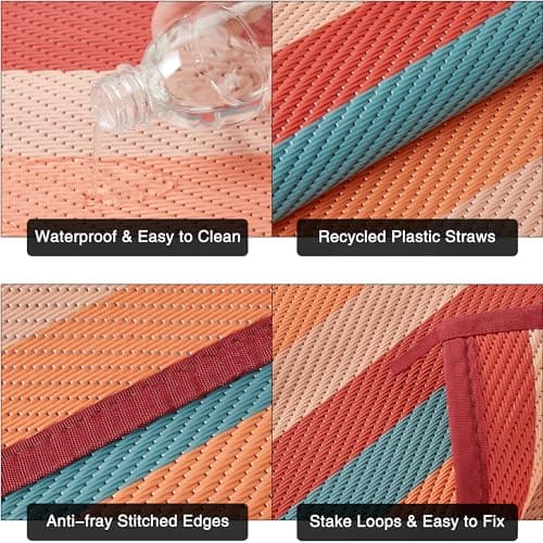 PureCozy Outdoor Waterproof Patio Rug 5x8 Plastic Straw Reversible Outside Orange Red Colorful Stripe Carpet Lightweight Large Rug for Camping RV Porch Deck Balcony Beach