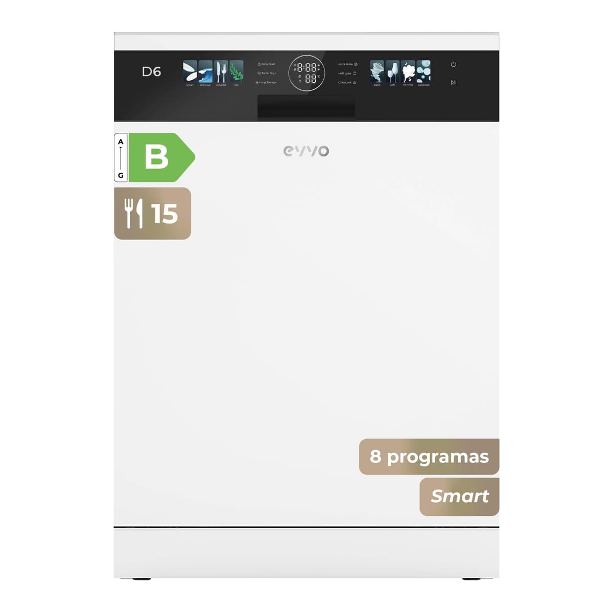 Lavavajillas D6 Libre Instalación 60 cm - Clase B de Alta Eficiencia, 15 Cubiertos, 8 Programas, Apertura Automática, Luz UV e Inicio Diferido - Lavavajillas Acero Inoxidable Inox con Secado Turbo
