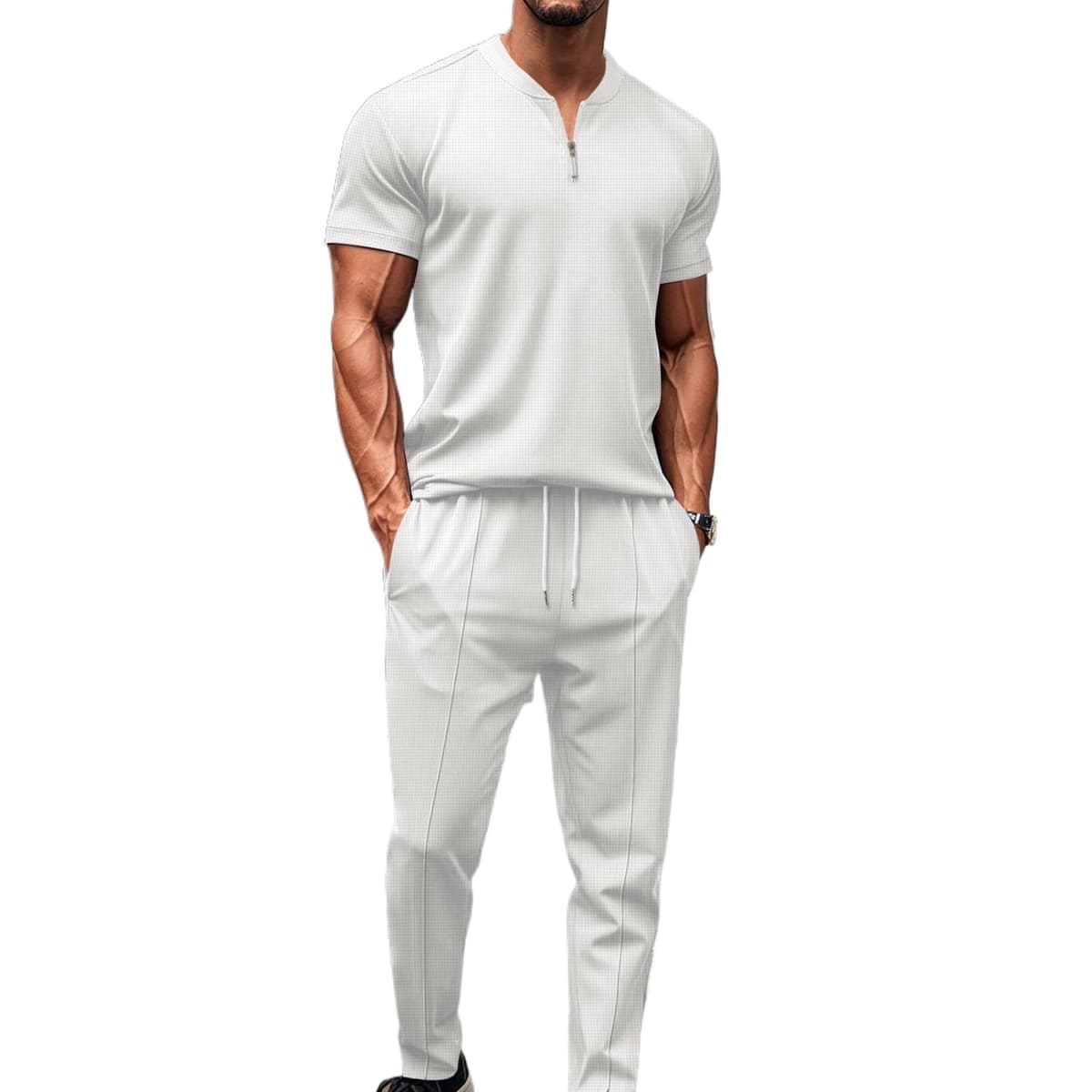 Chándal Deportivo para Hombre Camiseta de Manga Corta con Cremallera y Pantalones Largos Conjunto Deportivo Hombre Verano