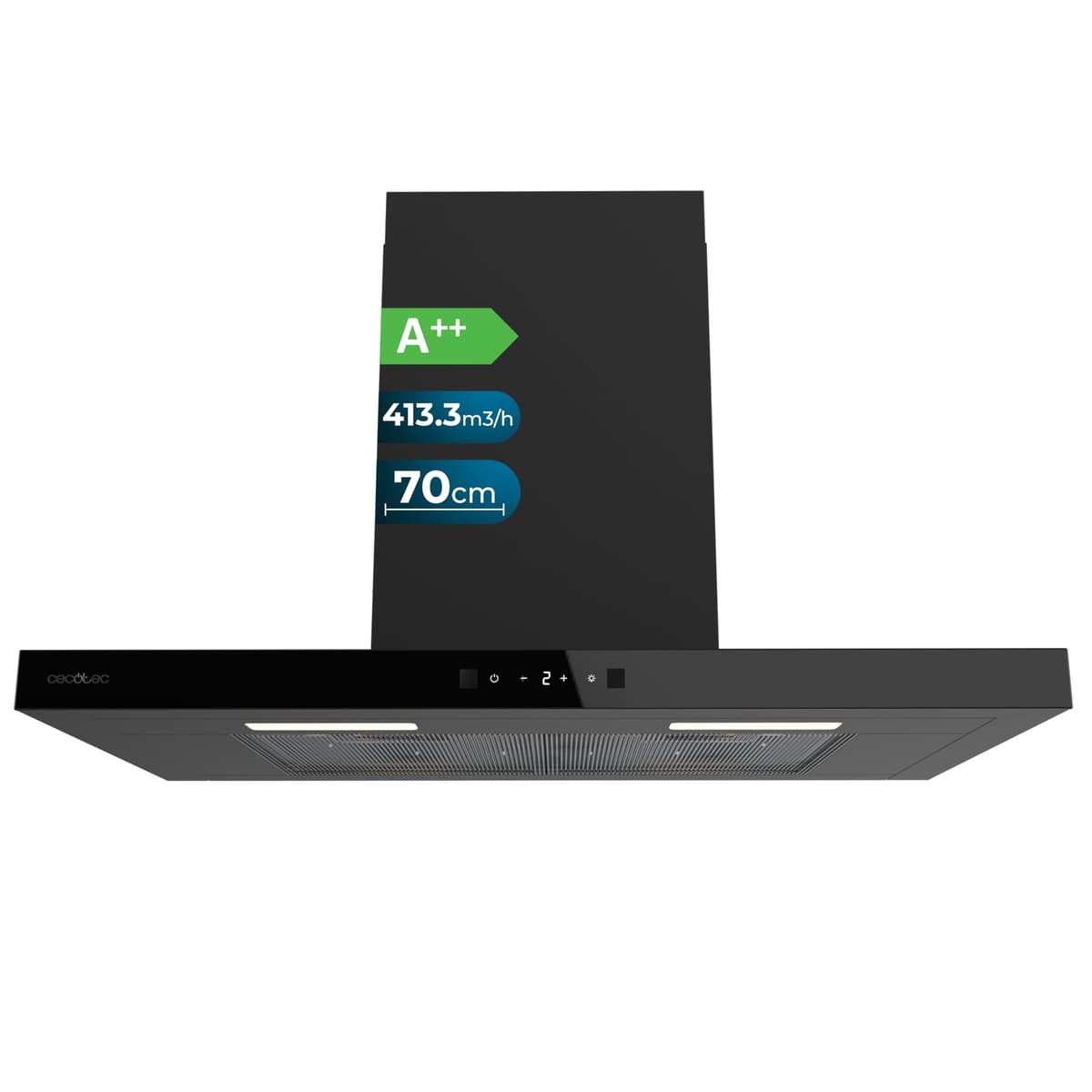 Cecotec Campana Extractora en forma de T Bolero Flux TT 704400 Black A++, 70cm, 413,3m³/h de succión, Clase A++, Control Táctil Invisible, Hand Movement Control, Función Booster, Filtros Lavables