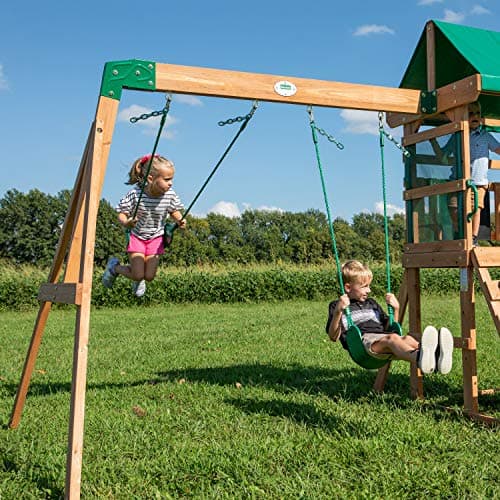 Backyard Discovery Buckley Hill Cedar Wood Swing Set with Wave Slide, Play Deck, Rock Wall Ladder, Belt Swings, Chalkboard, Canopy Roof, Outdoor Playset — view 3
