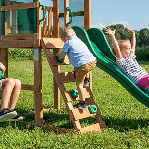 Backyard Discovery Buckley Hill Cedar Wood Swing Set with Wave Slide, Play Deck, Rock Wall Ladder, Belt Swings, Chalkboard, Canopy Roof, Outdoor Playset — view 4