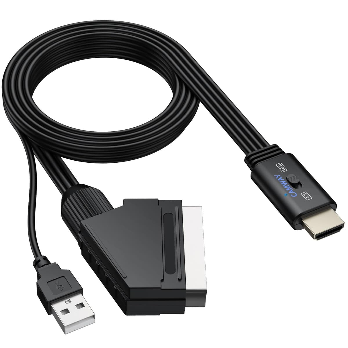 CAMWAY Adaptador SCART a HDMI con Switch 16:9/4:3, 1080P Convertidor Euroconector a HDMI con 150CM Cable SCART Macho Integrado, Diseño de Cable Todo en Uno, Compatible con PAL NTSC para DVD VCR VHS