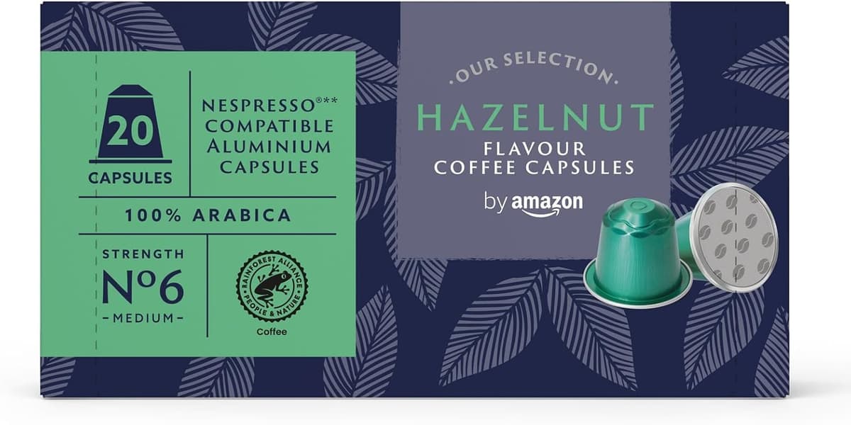by Amazon Cápsulas de Aluminio de Café Sabor Avellana Compatibles con Nespresso, 20 Unidades (1 Paquete de 20), Certificadas por Rainforest Alliance