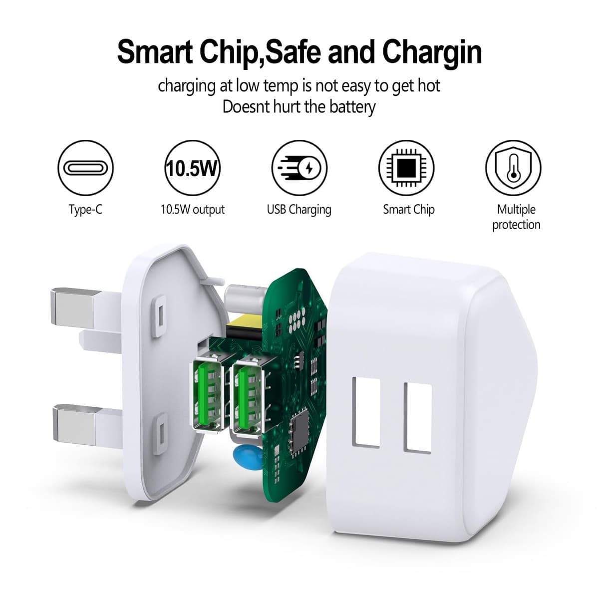 USB Plug, Dual USB Charger Plug UK 3Pack Phone Plugs with USB Port Double Compact 3 Pin Mains Charge Head 10.5W 5V 2.1AMP Charging Compatible with iPhone Apple 14 13 12 11 SE XS XR X 8 7 6 5 iPad