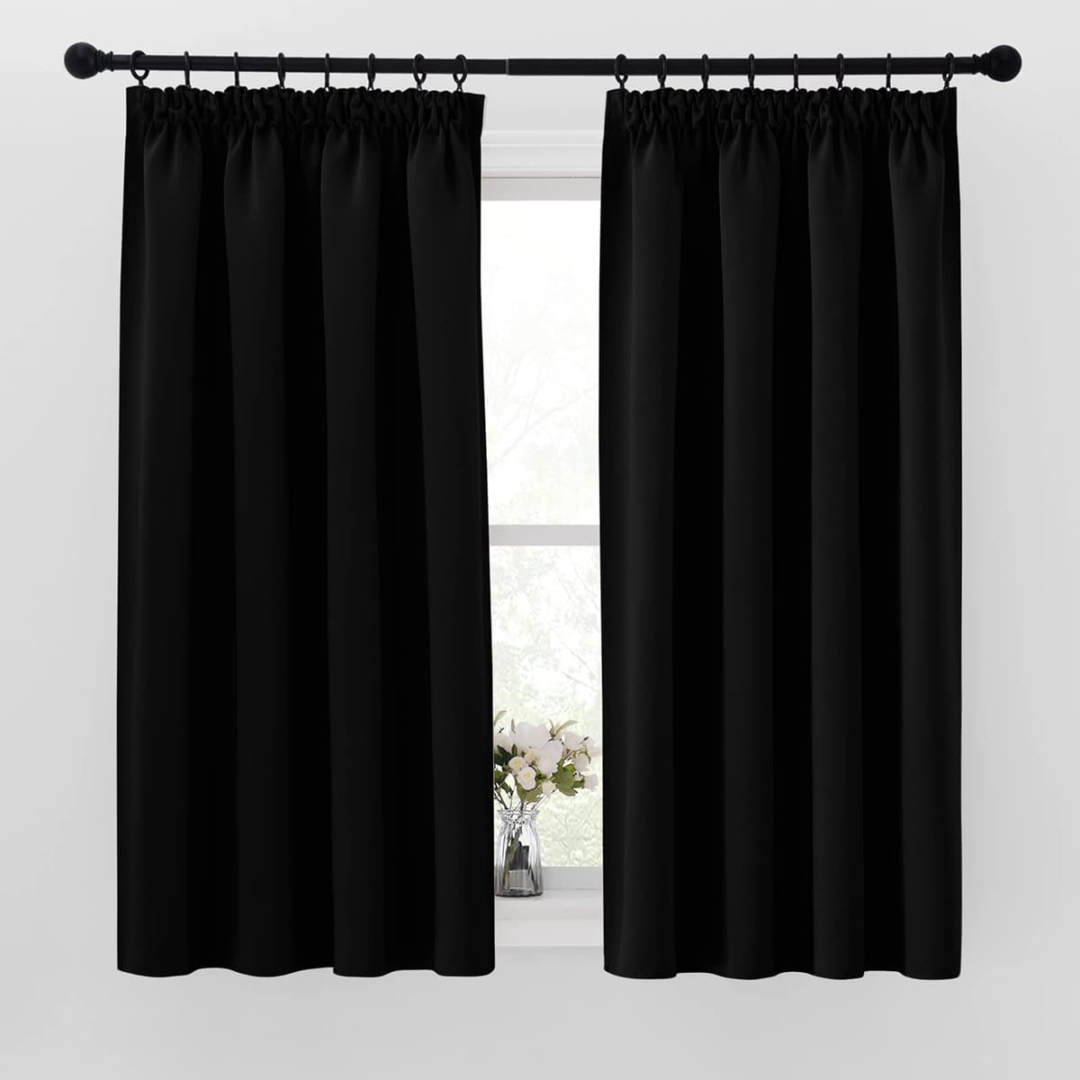PONY DANCE Black Blackout Curtains for Bedroom 46x54 Inch Pencil Pleat Thermal Insulated Curtains with Hooks for Track Small Black out Curtains & Drapes, 2 Panels, W46 X L54, Black