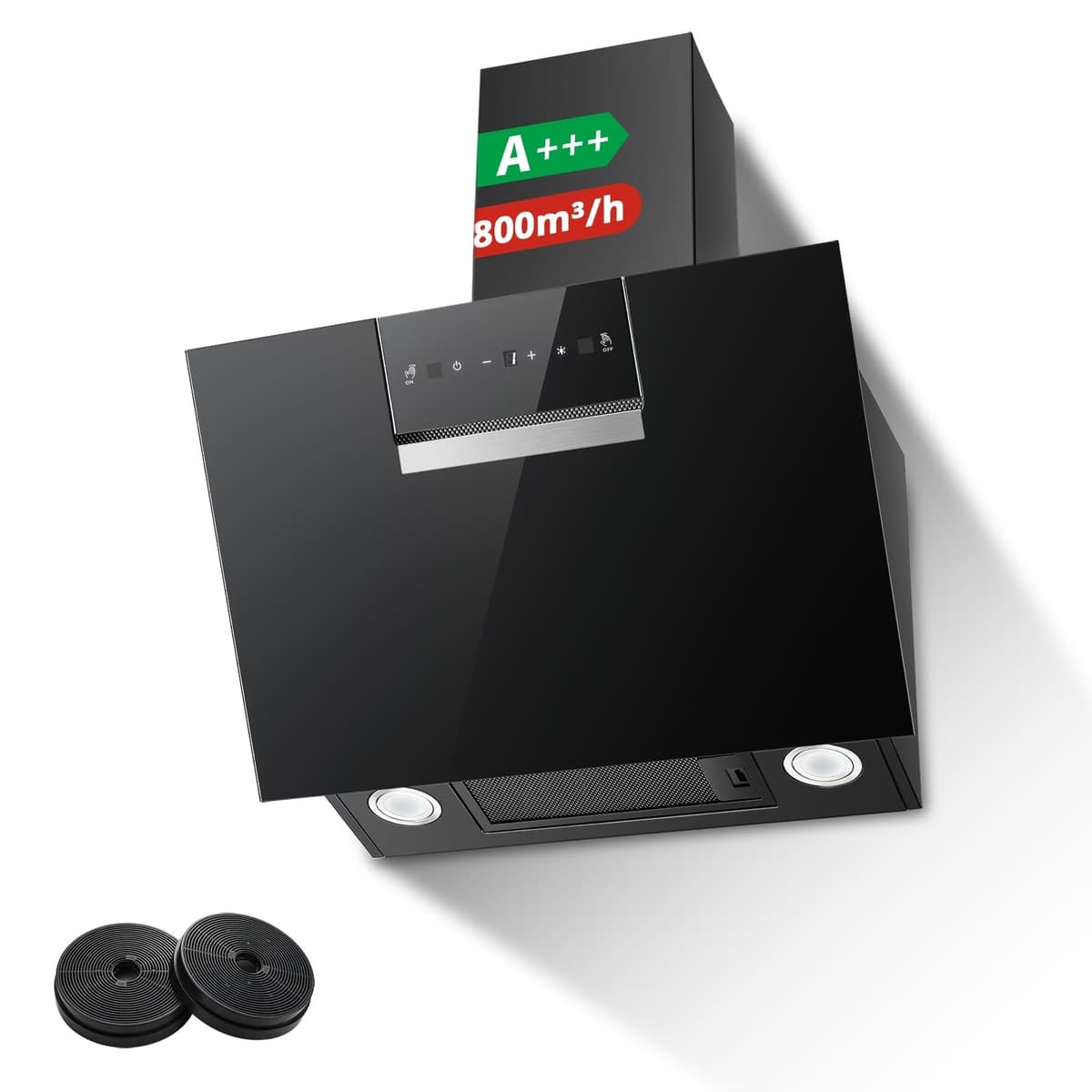 SNDOAS Cooker Hood 60cm, 800 m³/h Kitchen Extractor Fan, Recirculating & Ducting Modes with Carbon Filters, Class A+++ Extractor Hood, Black Glass Touch Control with 3 Speed + Booster