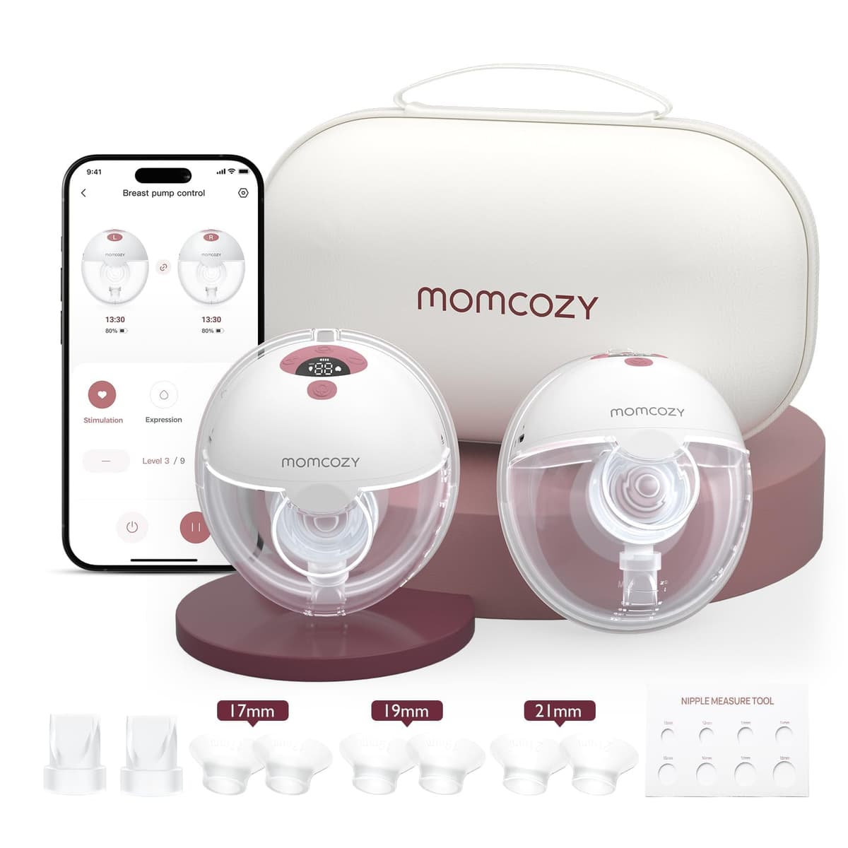 Momcozy M5 Smart Breast Pump, APP Controlled Wearable Hands‑Free Electric Pump, 3 Modes 9 Suction Levels, Portable Lightweight Pump, 24mm Flange, 2 Count, Cozy Red