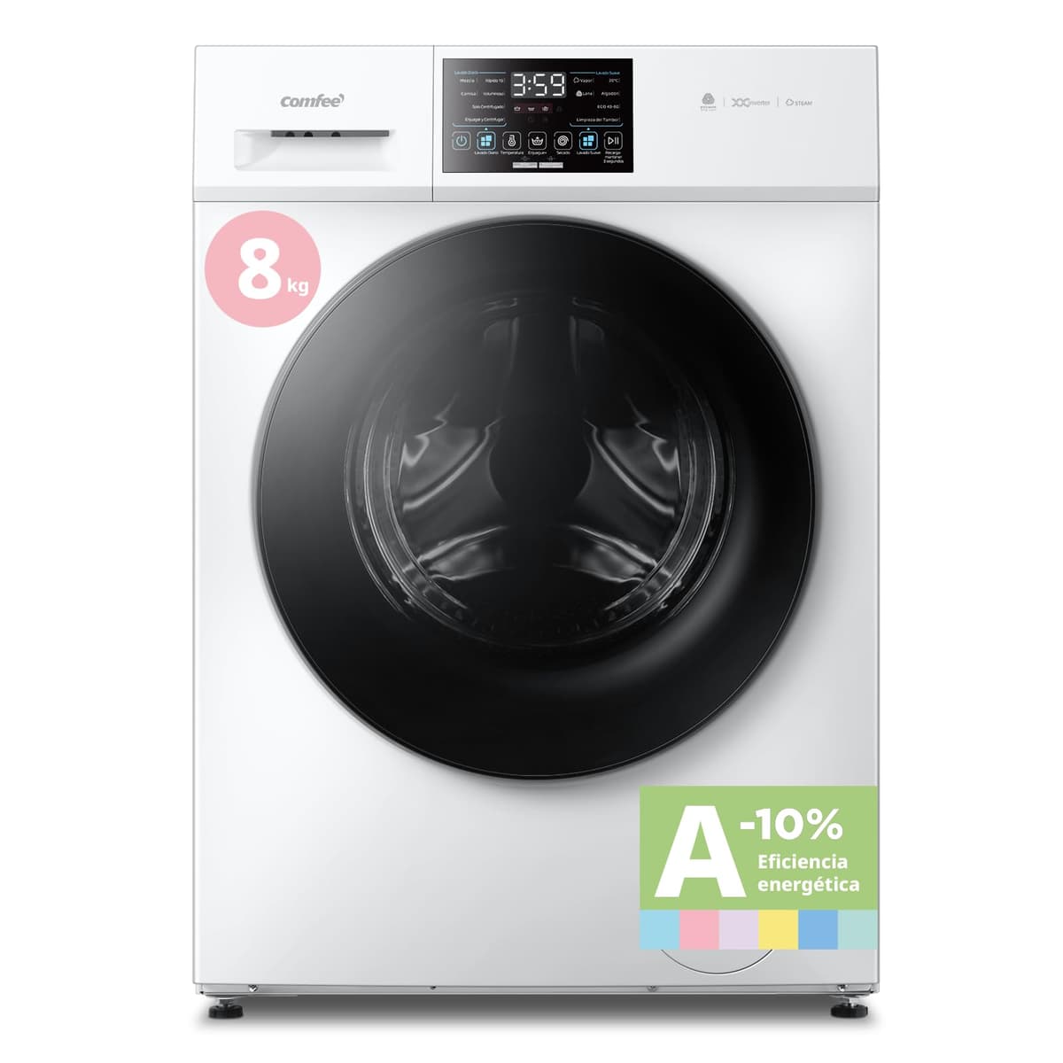 COMFEE' CFP03EW80W-HL Lavadora 8 kg de carga, Clase A -10%, Cuidado con vapor, Motor BLDC, Aprobada por Woolmark, Panel táctil, blanco
