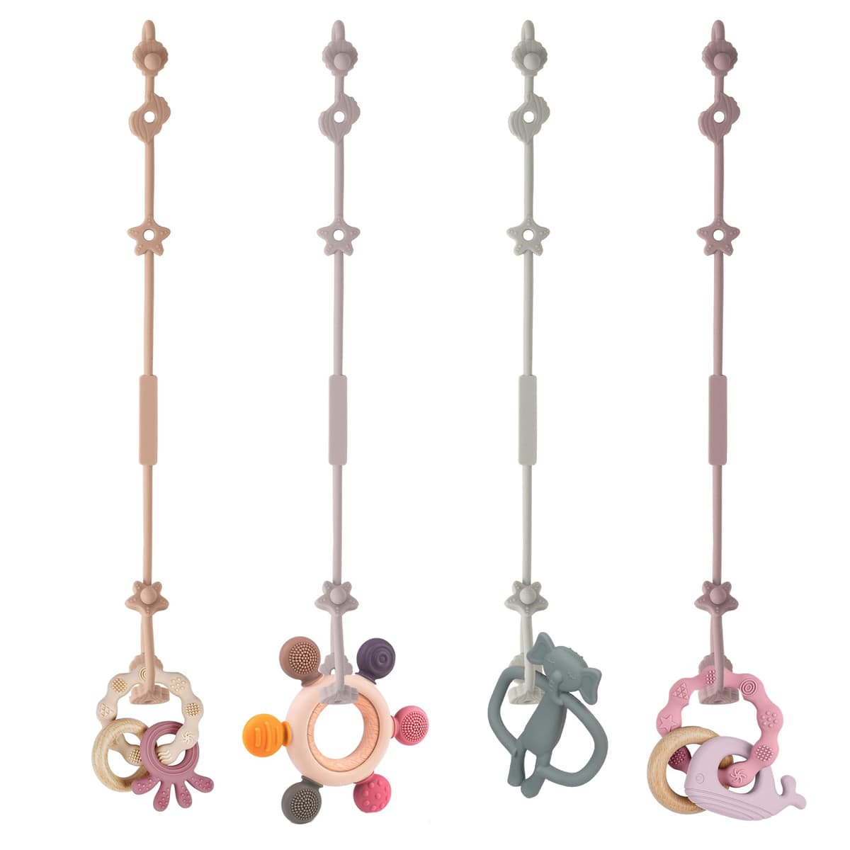 Vicloon Silicone Toy Clip, 4Pcs Toy Safety Straps, Food Grade Silicone Pacifier Clips Sippy Cup Strap, Adjustable Stroller Pacifier Strap Hanging Toys, Anti Drop Chain for 18+ Month(Pink/Purple)