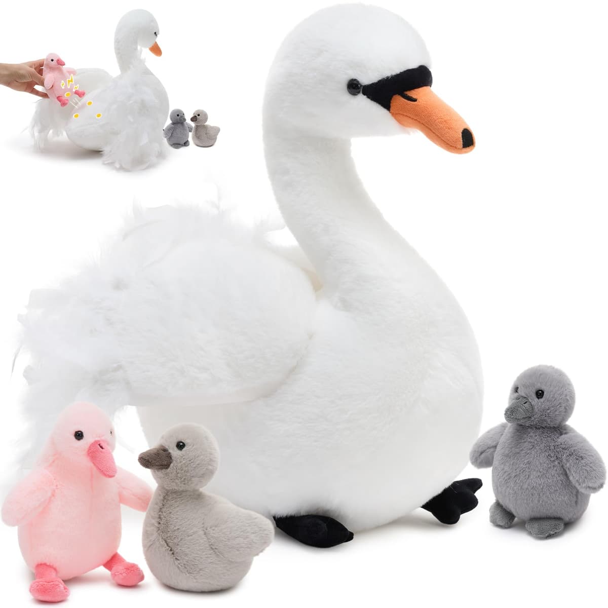 MorisMos Big Swan Teddy Soft Toy, 40cm Cuddly Fluffy Mommy with 3 Babies Inside, Plush Stuffed Animal Teddy Gift for Kids Birthday Deco