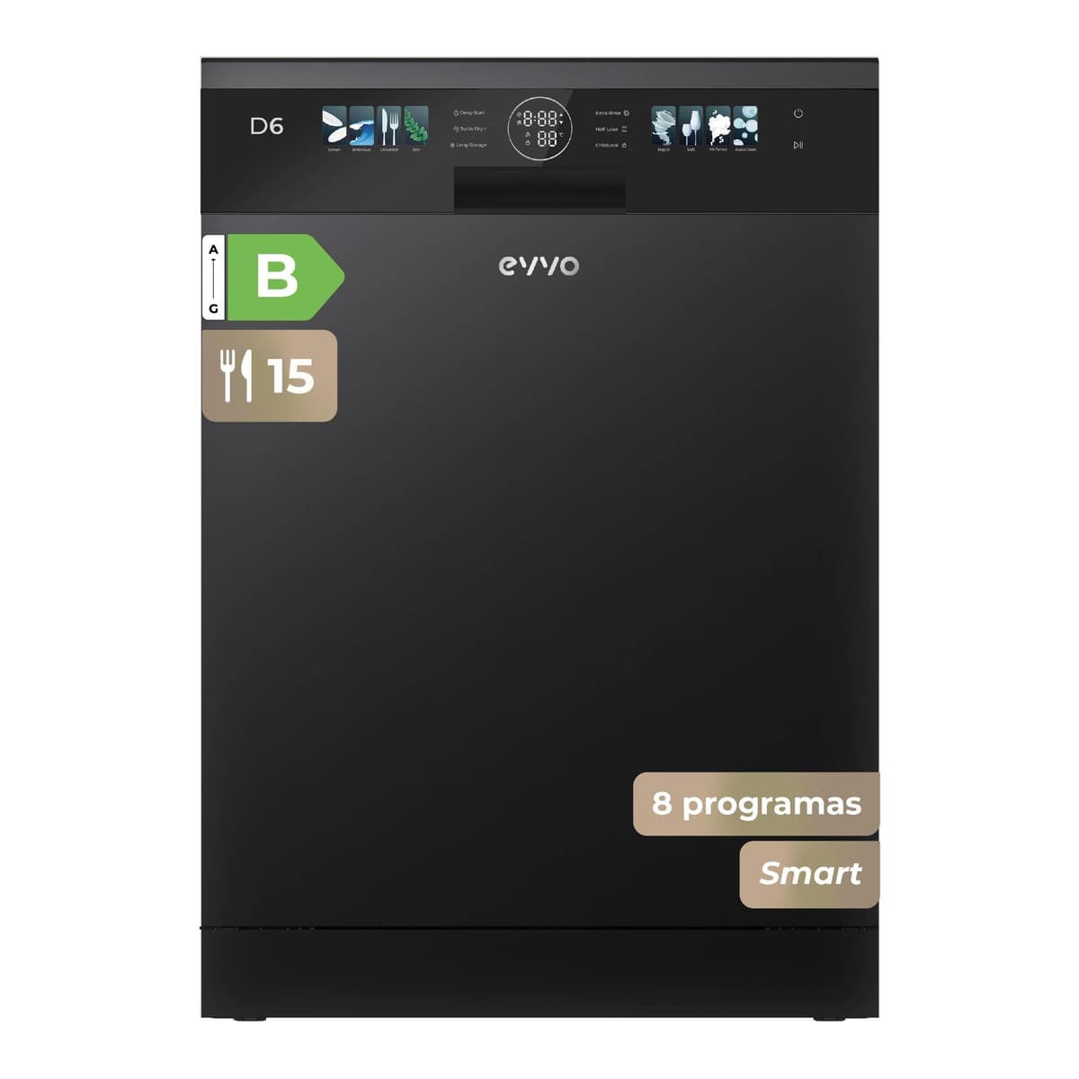 Lavavajillas D6 Libre Instalación 60 cm - Clase B Alta Eficiencia, 15 Cubiertos, 8 Programas, Apertura Automática, Luz UV e Inicio Diferido - Lavavajillas Acero Inoxidable Inox - Secado Turbo (Negro)