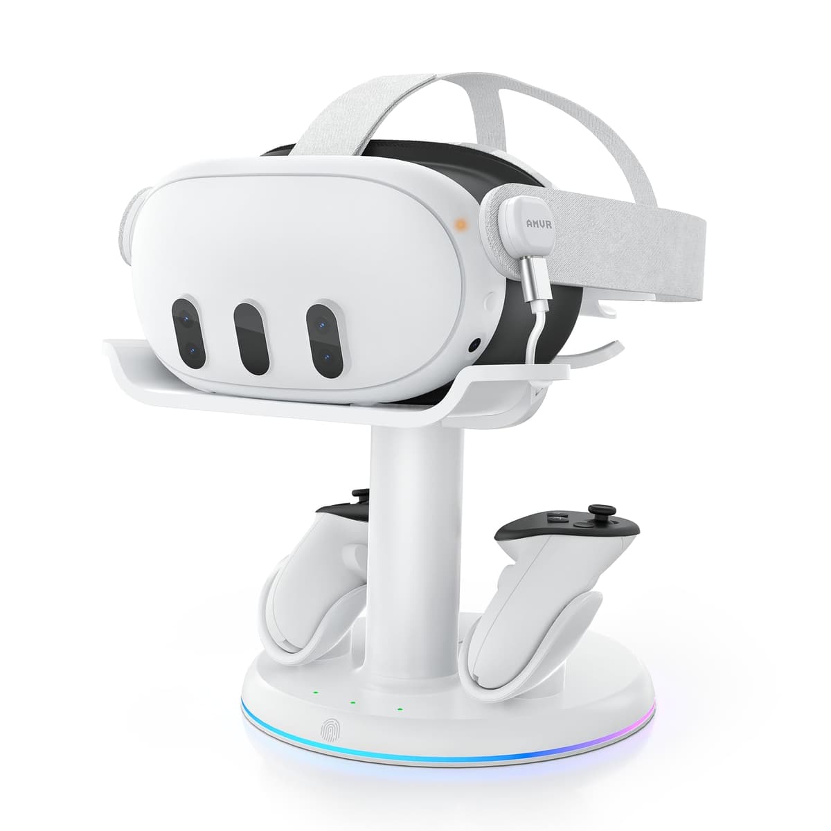 AMVR Base de carga RGB compatible con accesorios Meta Quest 3/Quest 3S, estación de carga rápida de 30 W con hub de alimentación USB-C, 2 baterías recargables de controladores (sin adaptador de carga)