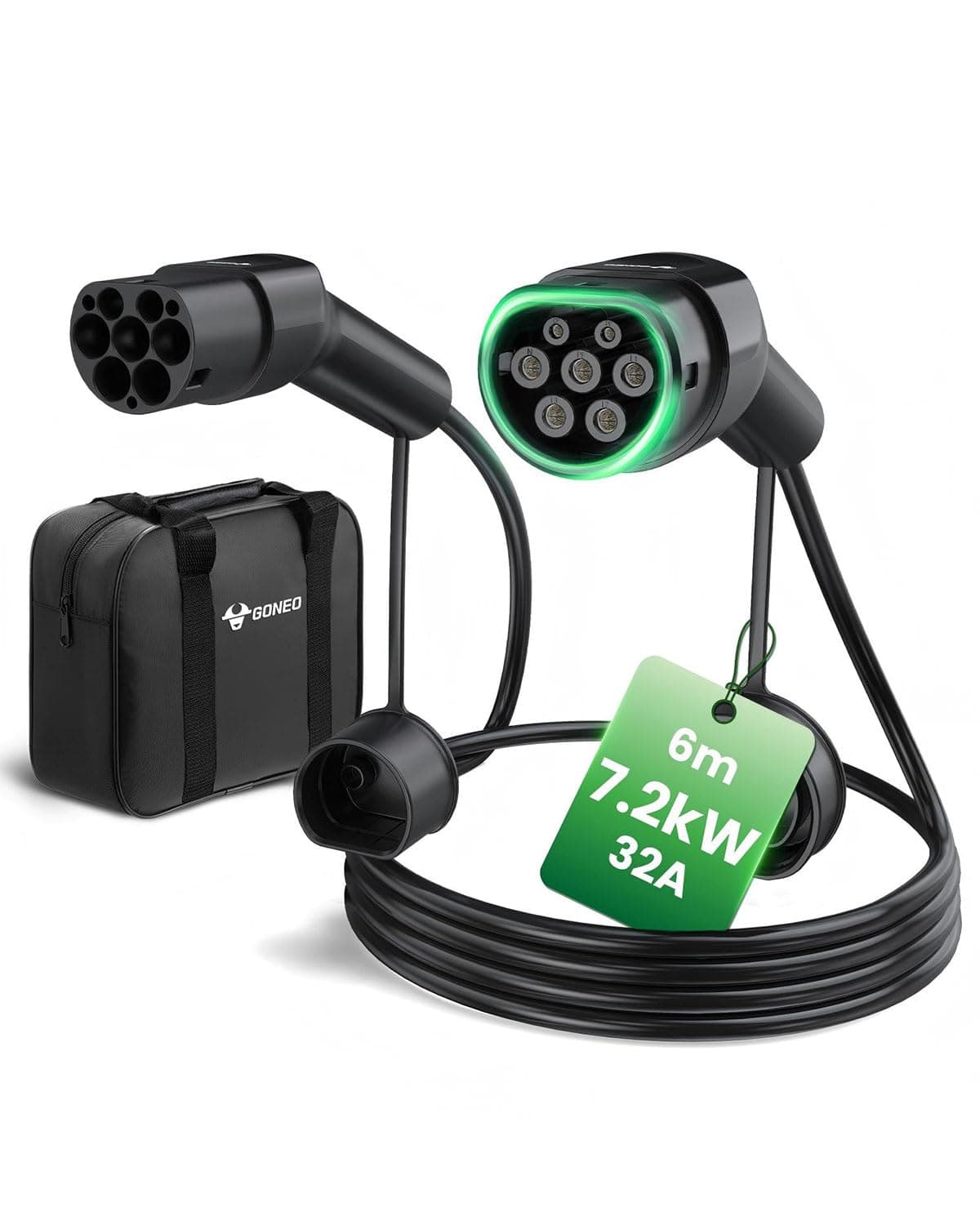 GONEO Type 2 EV Charging Cable 7.2kW 32A 6M, Mode 3 Fast Charger Cable with Storage Bag, IP54 Waterproof TPU Cable for Electric Cars/PHEV (Compatible for Tesla/Audi/BMW/Volkswagen)