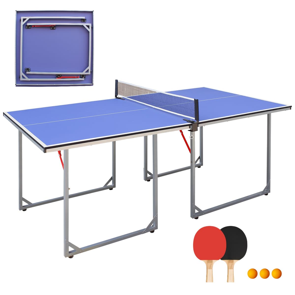 GYMFLEX Mesa de ping pong plegable, 182 cm x 91 cm, mesa de ping pong multifuncional, incluye red, 2 raquetas de ping pong y 3 pelotas