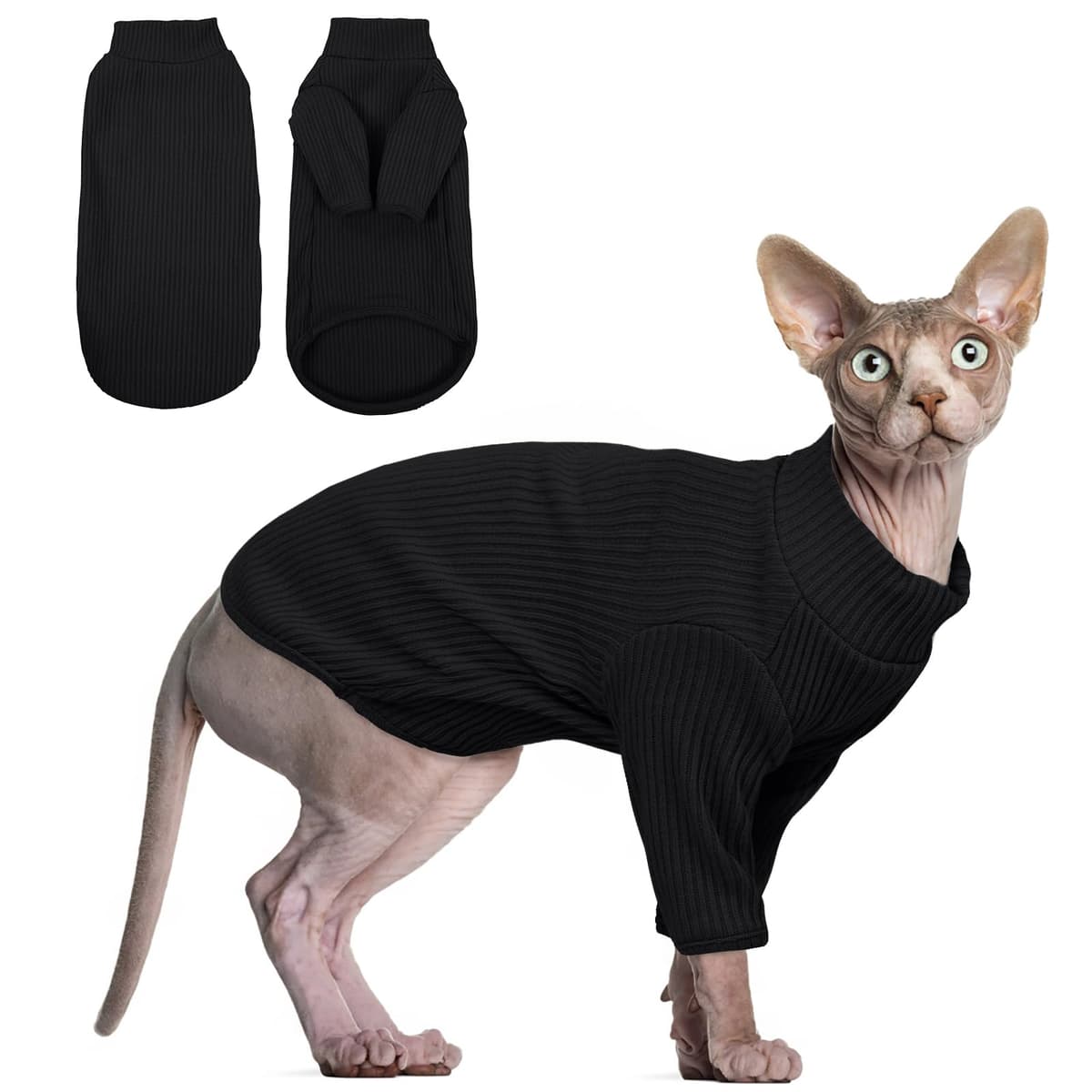 Hairless Cats Vest Turtleneck Sweater, Breathable Cat Wear Shirt Clothes, Pullover Kitten T-Shirts with Sleeves, Cat's Pajamas Jumpsuit for Sphynx, Cornish Rex, Devon Peterbald, Green