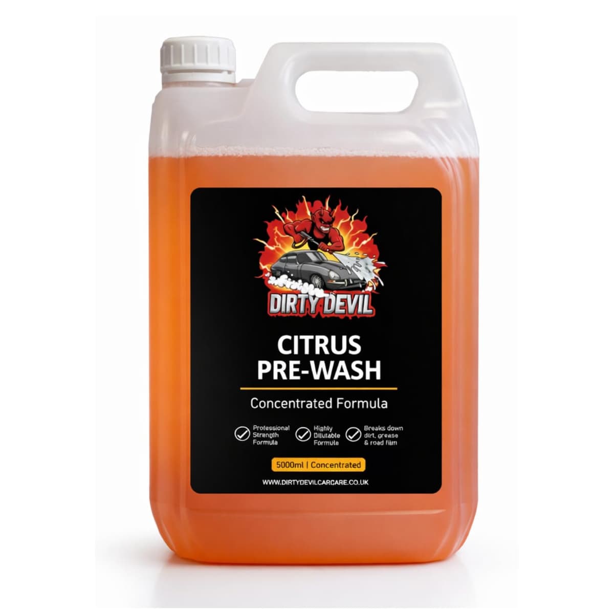 DIRTY DEVIL Concentrated Citrus Pre Wash – Powerful Pre Wash - Cuts Through Dirt, Bugs & Road Grime –Safe on All Surfaces - Powerful Degreaser for Paint, Plastic & Wheels (5L)