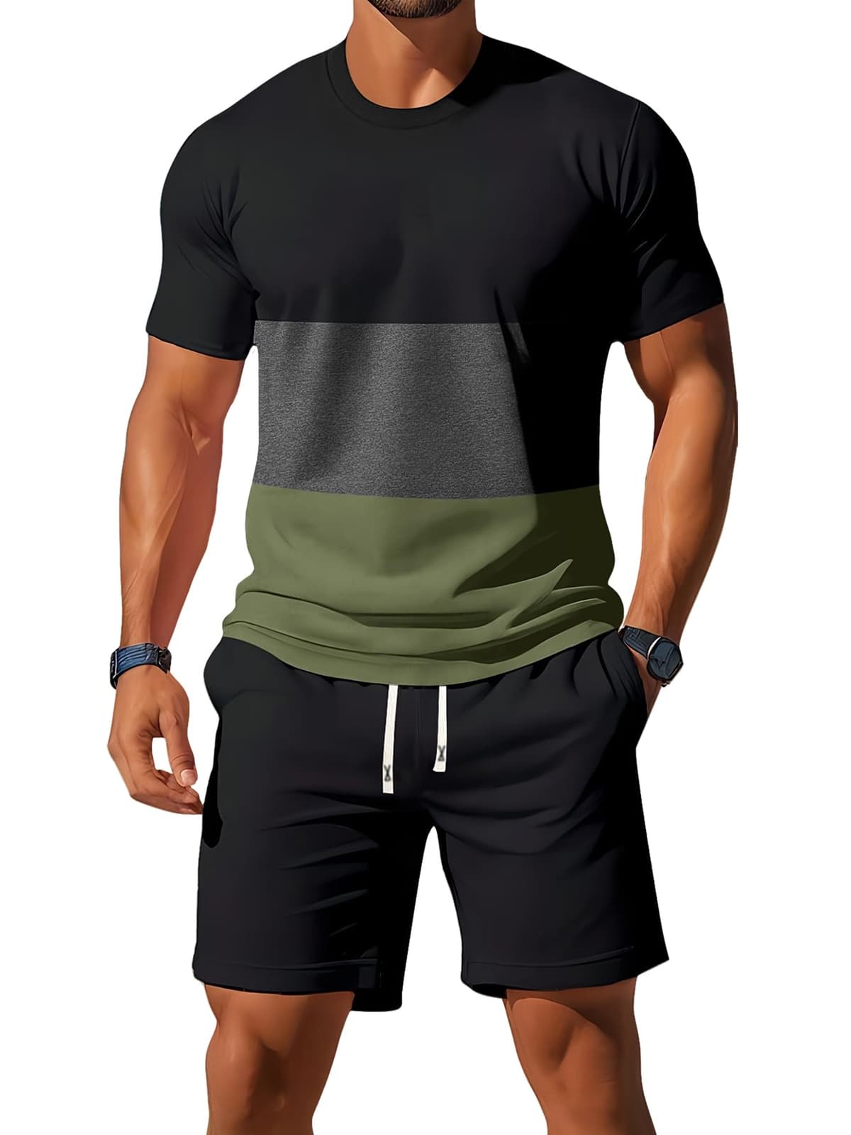 Conjunto de 2 piezas de camiseta ligera de manga corta con bloques de tres colores para hombre, a la moda, casual, vacaciones, deportes, fitness