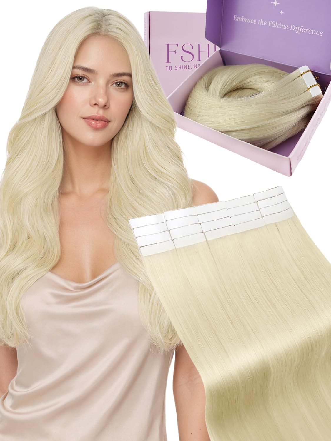 Fshine Extensiones De Adhesivas De Cabello Humano Real Brasileño 60 Rubio Platino Cinta De Trama 55cm Cinta De Extensión De Cabello Adhesivo En Extensiones 55 Gramos