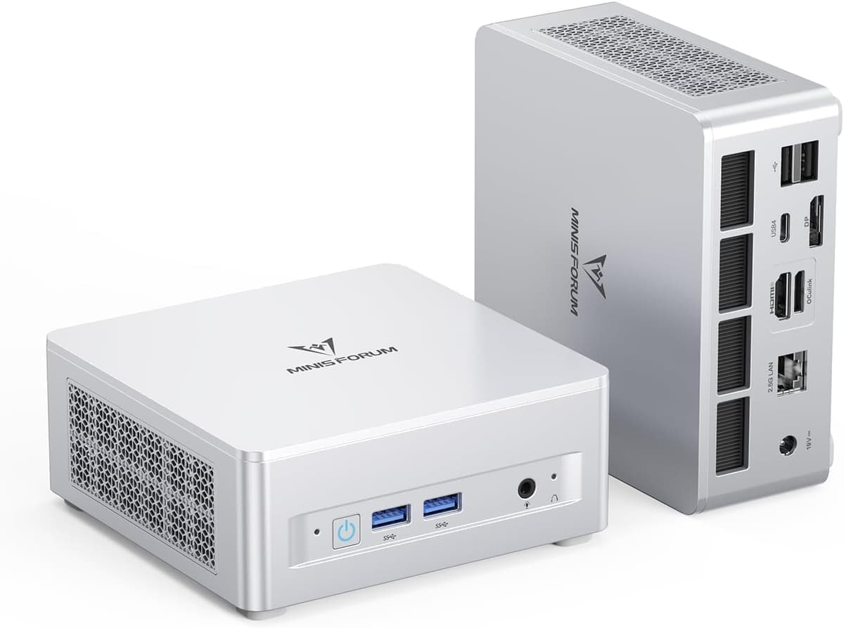 MINISFORUM UM880 Plus Mini PC, AMD Ryzen 7 8845HS (8C/16T, hasta 5,1 GHz), 32 GB DDR5 RAM, SSD PCIe de 512 GB, gráficos Radeon 780M, OCuLink, Triple Pantalla hasta 8K@60Hz, 5× USB, WiFi 6E