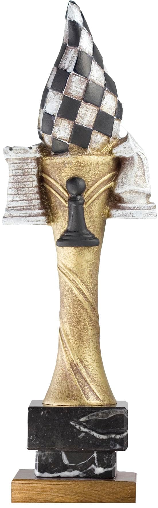Trofeo de Ajedrez en Resina con Base de Mármol Negro y Madera – Acabado Dorado y Plateado Envejecido – Alturas 35, 33 y 31 cm – Trofeos Mora (35)