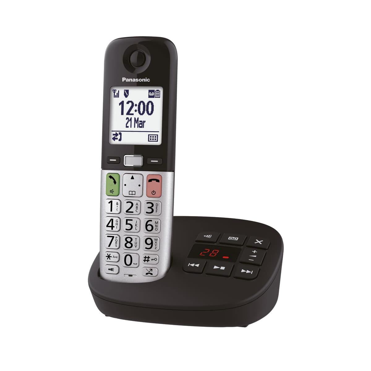 Panasonic KX-TGU430EXB Teléfono Inalámbrico Digital con Contestador Automático, Volumen Amplificado, Unidad Base y 1 Auricular, Pantalla LCD, Linterna, Compatible con Audífonos, Negro y Plateado