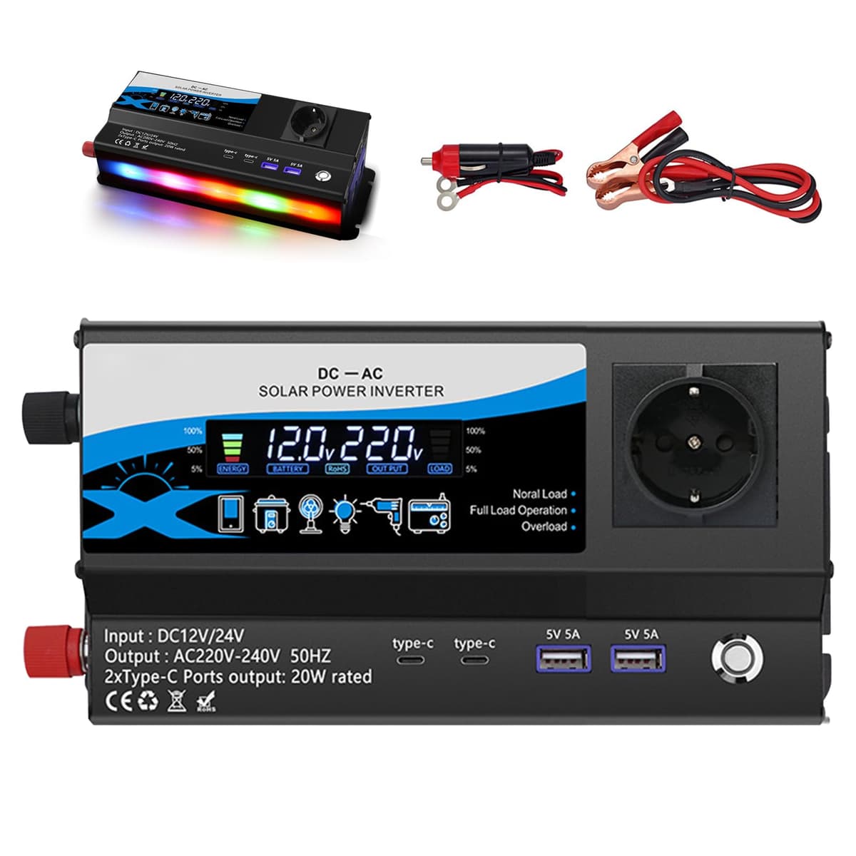 Inversor 1200W 12V/24V a 220V, Convertidor de Corriente para Coche con 2 Tomas AC, 2 USB & 2 Type-C, Mechero y Pantalla LED, para Autocaravana Camping
