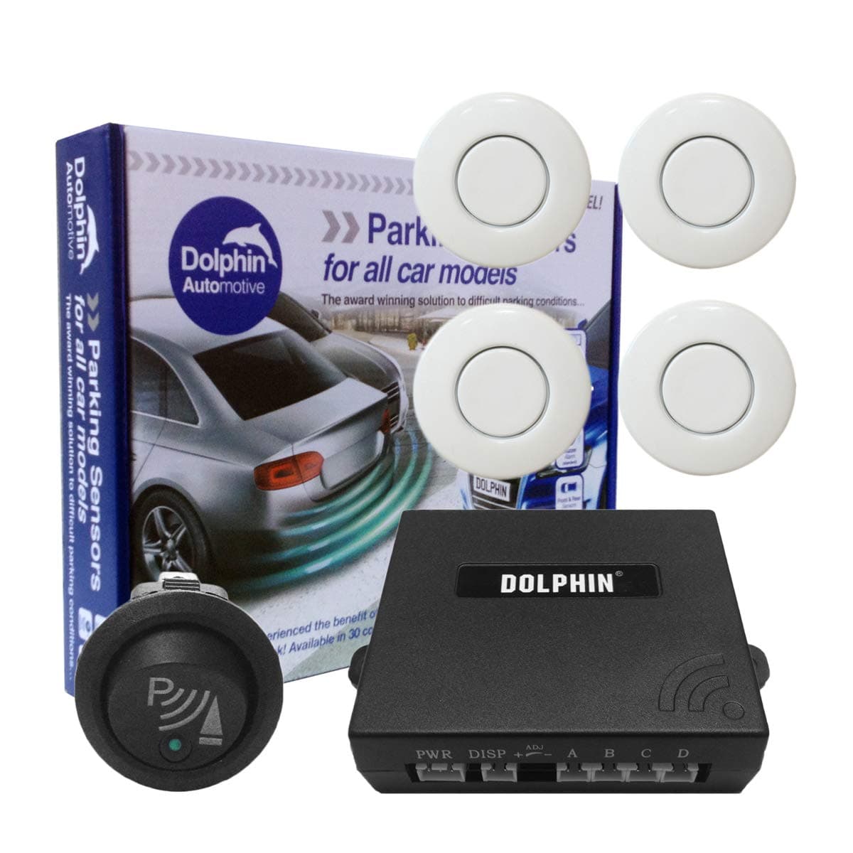 Dolphin Automotive Car Van Front Parking Sensors With Longer 6m Leads and Parking Switch in 32 Coloured Options UK (White)