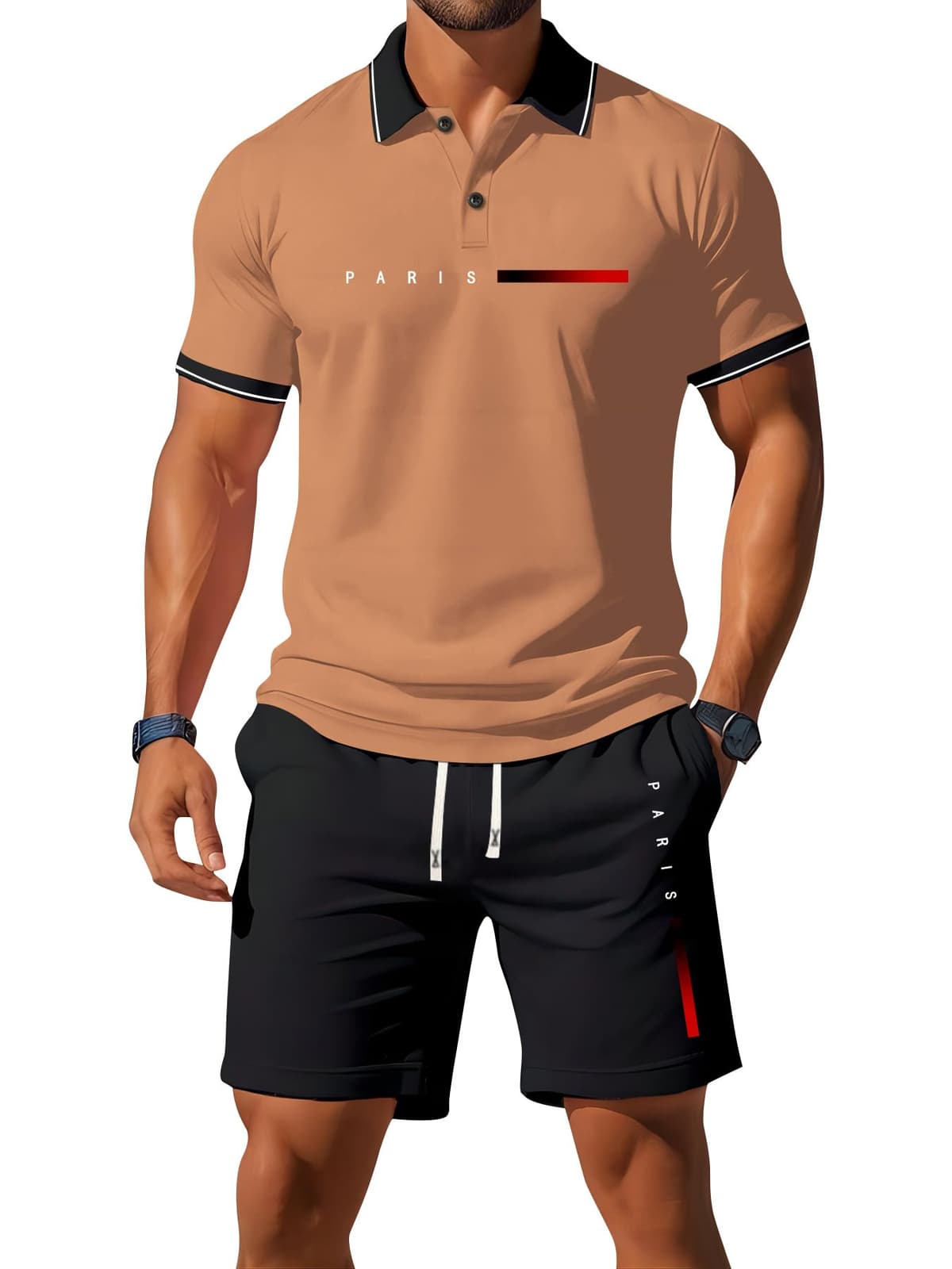 Conjunto de 2 piezas de polo corto con estampado de letras de París para hombre, casual, vacaciones, playa, deportes, atleleeved