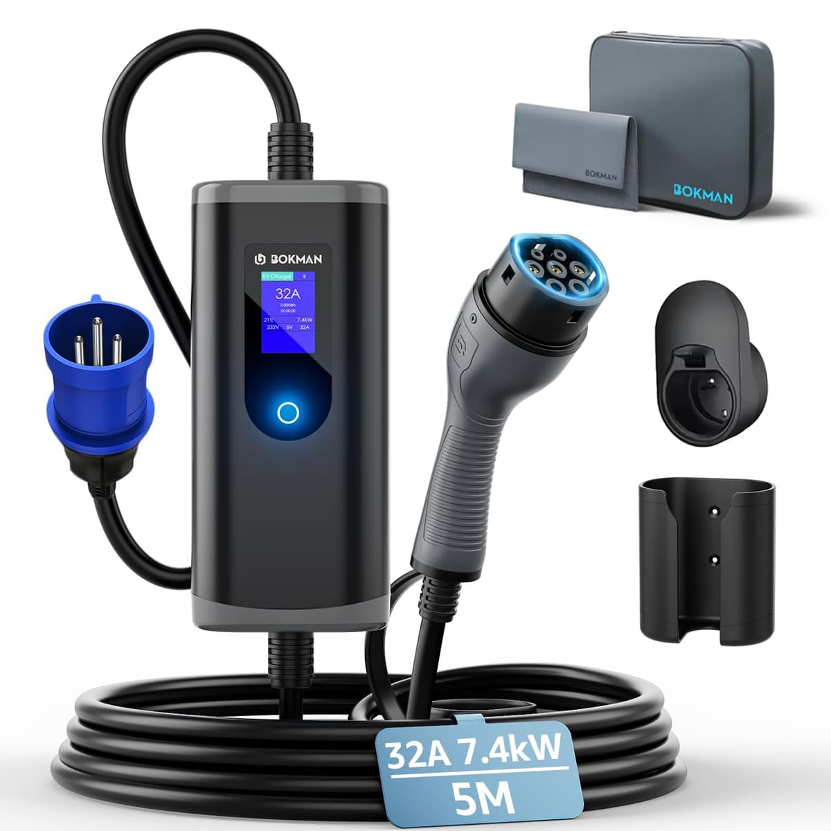 bokman EV Charger 7kW Type 2 to CEE Plug, 5M / 6-32A Adjustable Current / 1 Phase / IP65 Waterproof, Electric Car Charging Cable with LED Display and Commando Plug