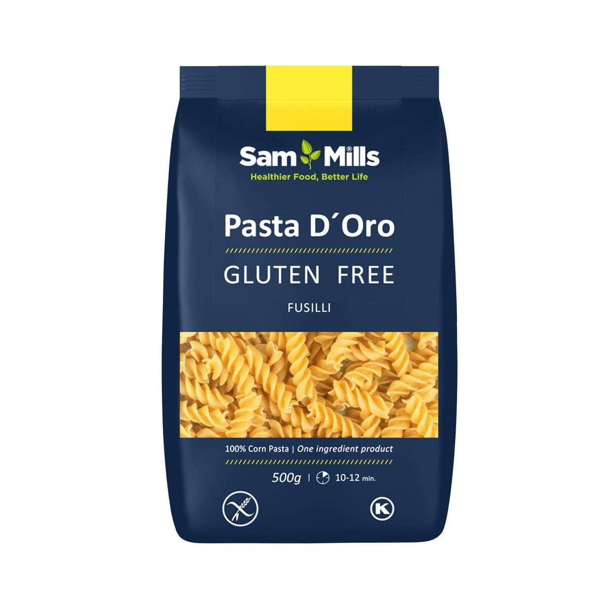 Sam Mills - Fusilli Sin Gluten - 1 paquete de 500 g - 100% Harina de Maíz - Fabricado en Instalaciones Sin Gluten - Mejora el Tránsito Intestinal - Ideal para Dietas Veganas