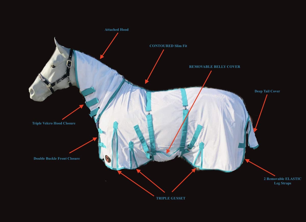 Tech Equestrian Superior Heavyduty Horse Fly Sheet with Hood and Detachable Belly Band (Breathable MESH Fabric) (Protection Against Bug, Mosquitoes, Flies Summer Sheet) (74, White)