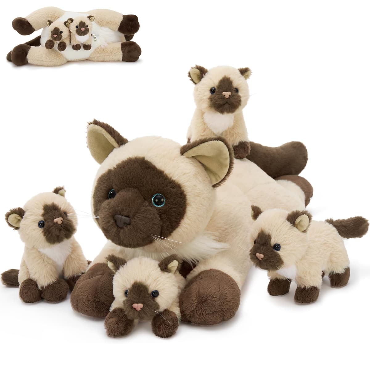 MorisMos Big Siamese Cat Teddy Soft Toy, 48cm Mom Cat with 4 Cuddly Baby Inside, Lifelike Siamese Cat Stuffed Animal Plush Cuddly, Kawaii Presents for Kids Birthday Party Decorations