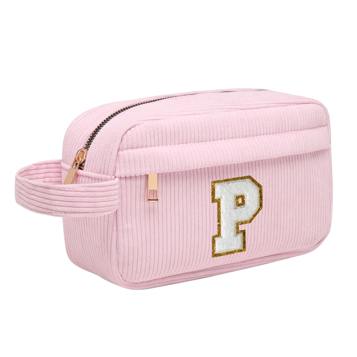 Neceser Maquillaje Mujer Personalizado Inicial, Bolsa de Cosméticos de Viaje, Gran Capacidad Neceser de Maquillaje de Pana, Regalo Cumpleaños Navidad para Mujeres Novias Mejores Amigas, Rosa P