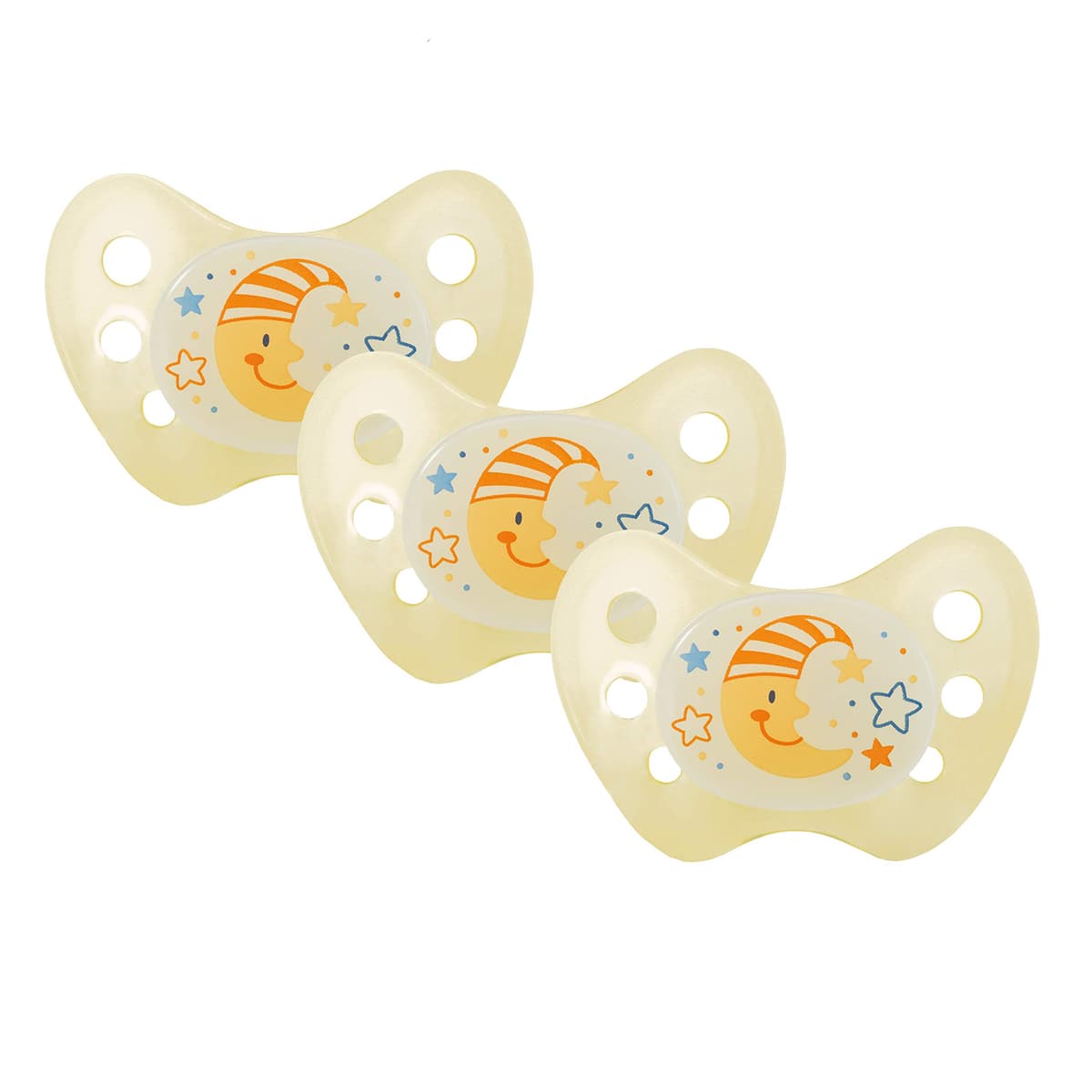 dentistar Night Silicone Soother Set of 3 - Size 3, from 14 Months - Silicone Soother with Dental Step - Glow in The Dark Baby Dummy - Made in Germany - Moon, Yellow
