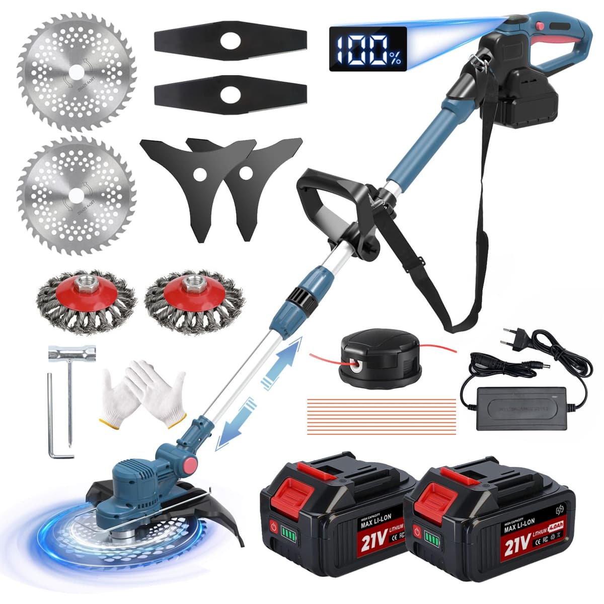 Desbrozadora Bateria 21V, Desbrozadora Electrica con 2 x 4.0Ah Baterías, Cortacesped Electrico 5 En 1 Cortabordes Bateria con Cepillo de Malas Hierbas, Motor sin Escobillas, Pantalla LED, Azul