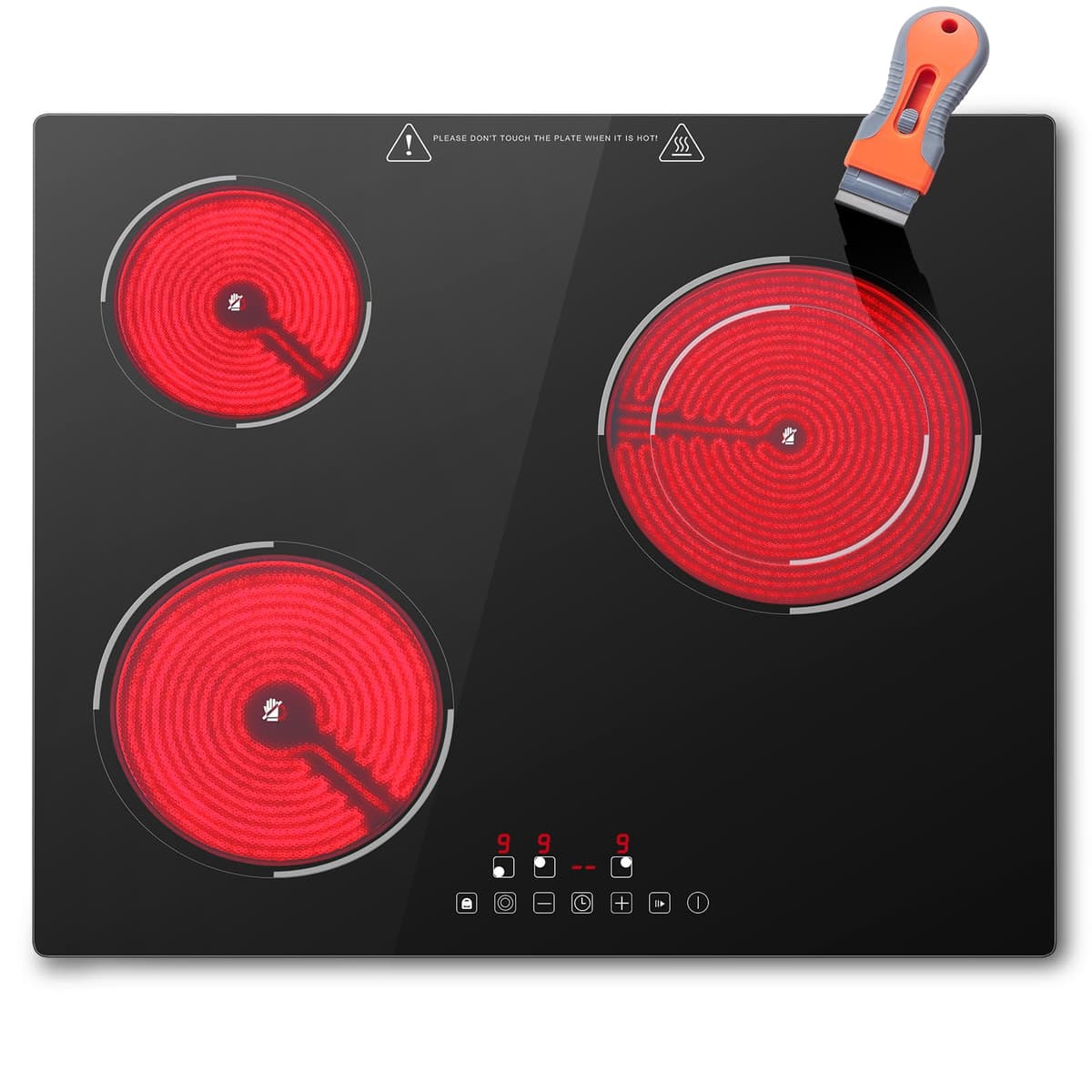 SNDOAS Placa Vitrocerámica 3 Fuegos 5200W, Vitroceramica 3 Zonas de Cocina (1200W+1800W+2200W), 9 Niveles de Calor, Seguridad para Niños, Temporizador 99 Min, Compatible con Todos los Utensilios