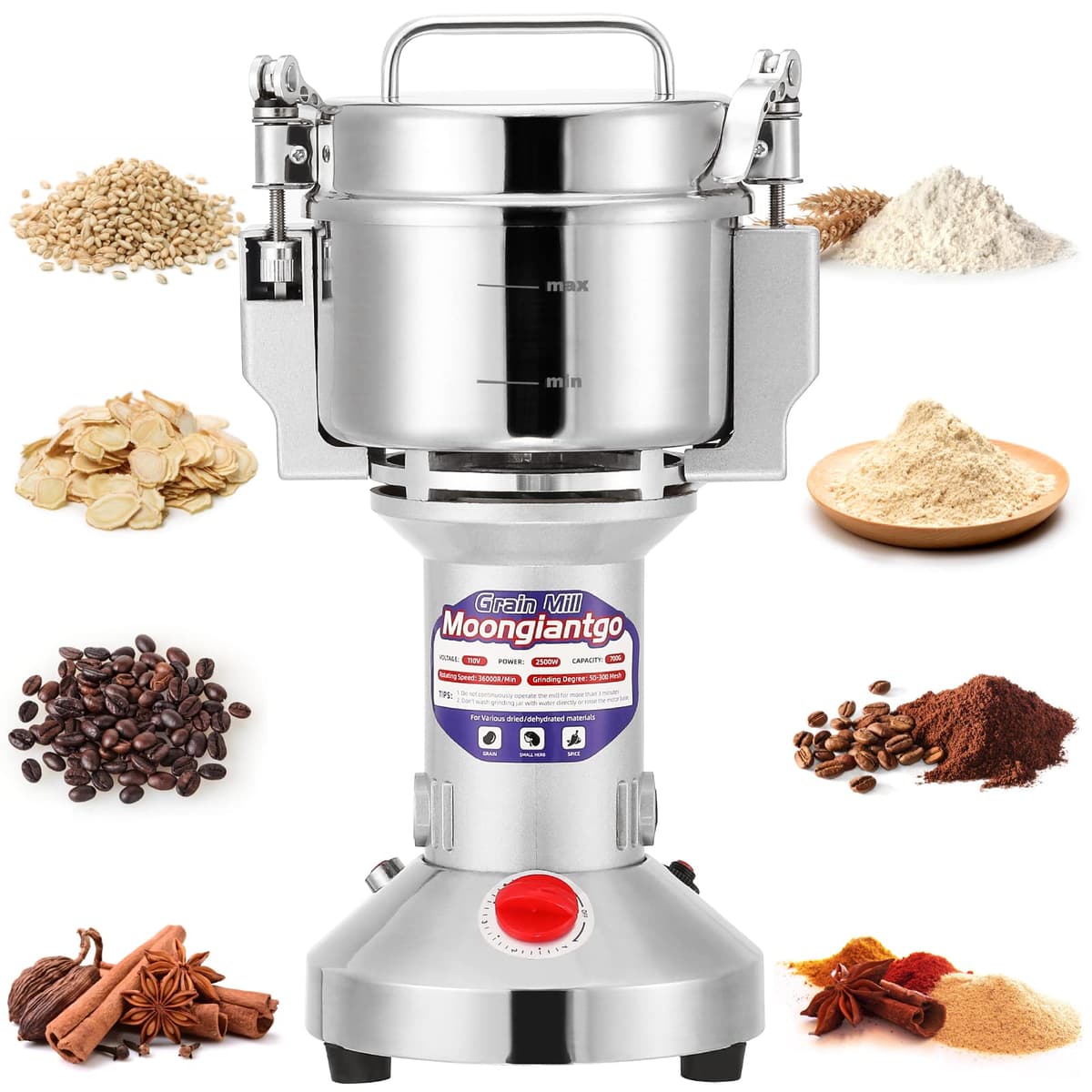 Moongiantgo Molino de Cereales Eléctrico 300g de Acero Inoxidable, 1500W 28000RPM Motor Comercial & 30s Molienda Superfina, Protección de Sobrecarga & Open-Cover-Stop, para Granos, Especias Y Más
