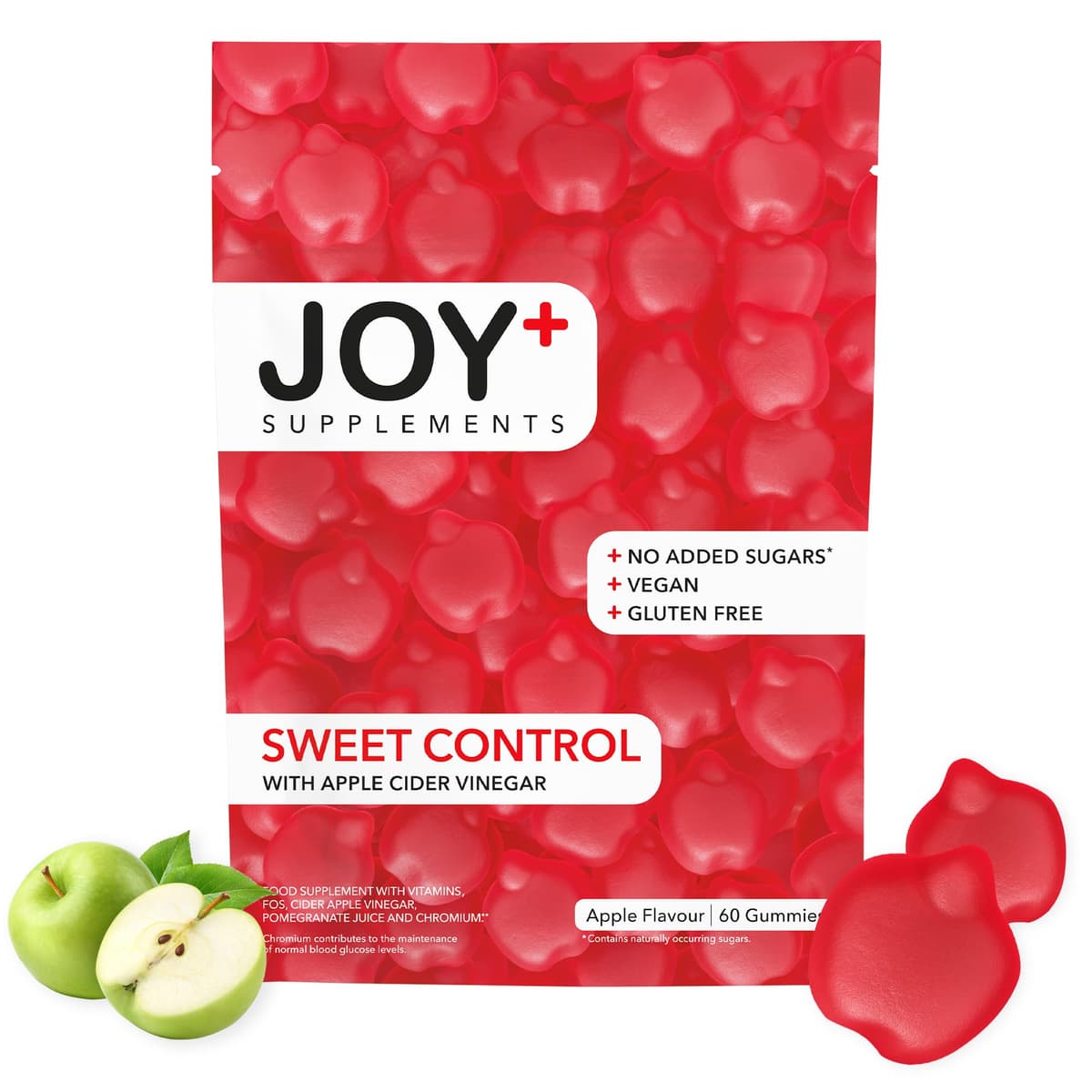 JOY+ - SWEET CONTROL - Gominolas para el Control de Glucosa con Vinagre de Manzana, Cromo, Ácido Fólico, Vitaminas B6 y B12. Sabor Manzana. 60 Gummies. Sin Azúcares añadidos