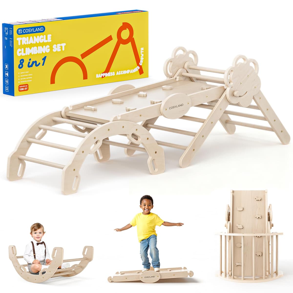 COSYLAND 8 en 1 Triángulo de Escalada Montessori con Arco y Rampa, Set Plegable Infantil, Juguete de Madera Resistente para Interior, Niños 18 Meses-6 años, Natural/Madera Clara, Grande
