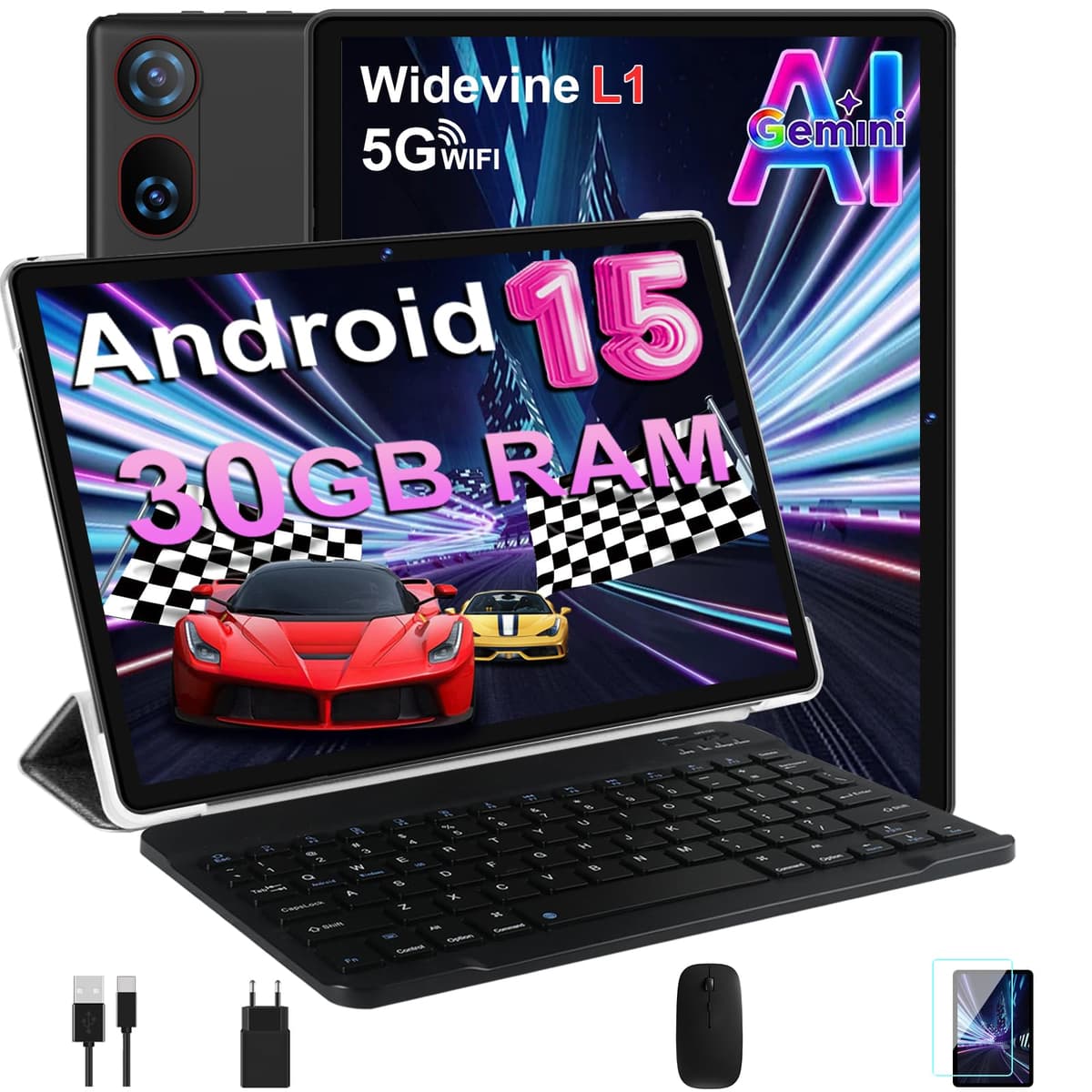 DMOAO Tablet 10 Pulgadas Android 15 con Gemini AI, 30 GB RAM + 2 TB ROM Expansión, 5G WiFi, GPS, Widevine L1, Octa-Core, BT 5.0, 6000mAh, USB-C, FHD Tablet con Teclado+ Ratón + Funda, Negro