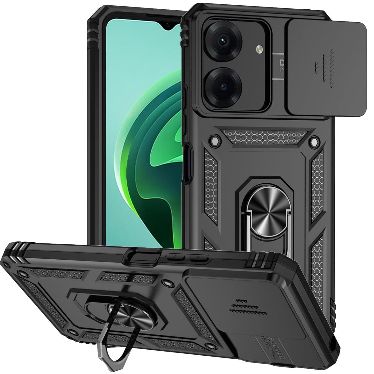 Jiyu Funda Compatible con Xiaomi Redmi 13C/ Poco C65 Carcasă Armor Militar Cubierta de Cámara Deslizante Proteger Fundas con 360 Full Protección Anillo Soporte Silicona Estuche Cover Case,Negro