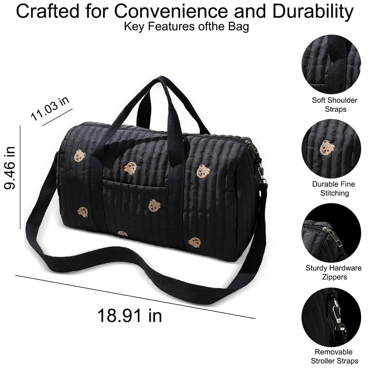 Bolsa de pañales convertible con bolsillos aislados y ganchos para cochecito para viajes recién nacidos, color negro