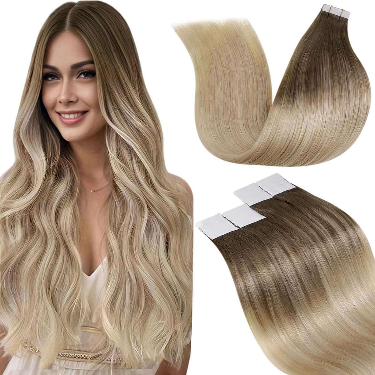LaaVoo Tape in Hair Extensions Human Hair Blonde Tape Hair Extensions Real Human Hair Invisible Tapes Remy Straight Balayage Brown to Blonde Hair Double Sided Tabs 20pcs 50g 18 Inch #8/18/60